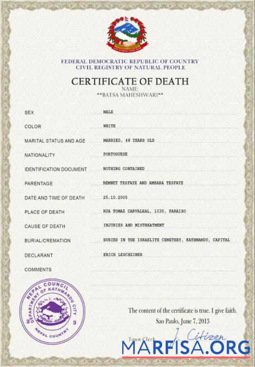 Downloadable Nepal vital record death certificate PSD template